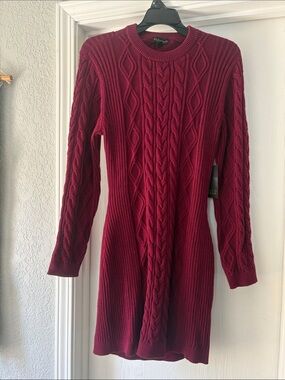 Bold Elements Wine Cable-Knit Long Sleeve Sweater Dress Large